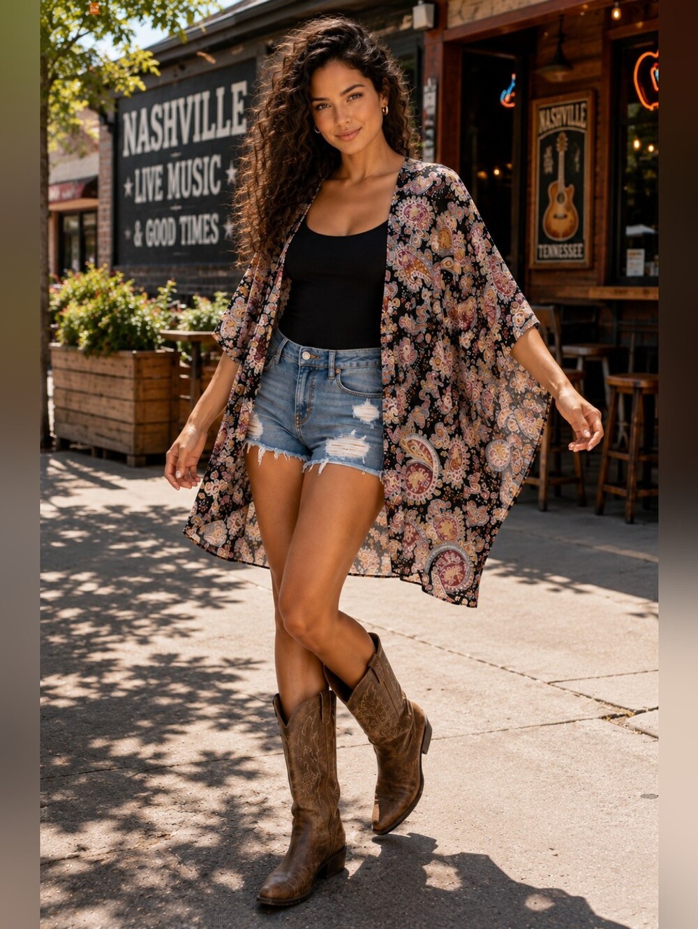 Black Rainn Paisley Open Front Tunic Top Dolman Sleeve Western Boho Cover Up M